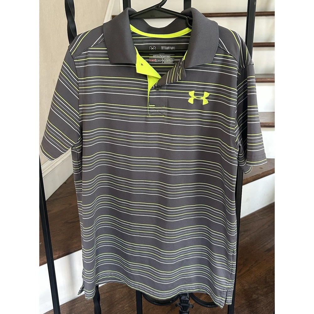 Boy's Medium 10-12 Under Armour Shirt Polo Striped Heat Gear Gray/green Golf
